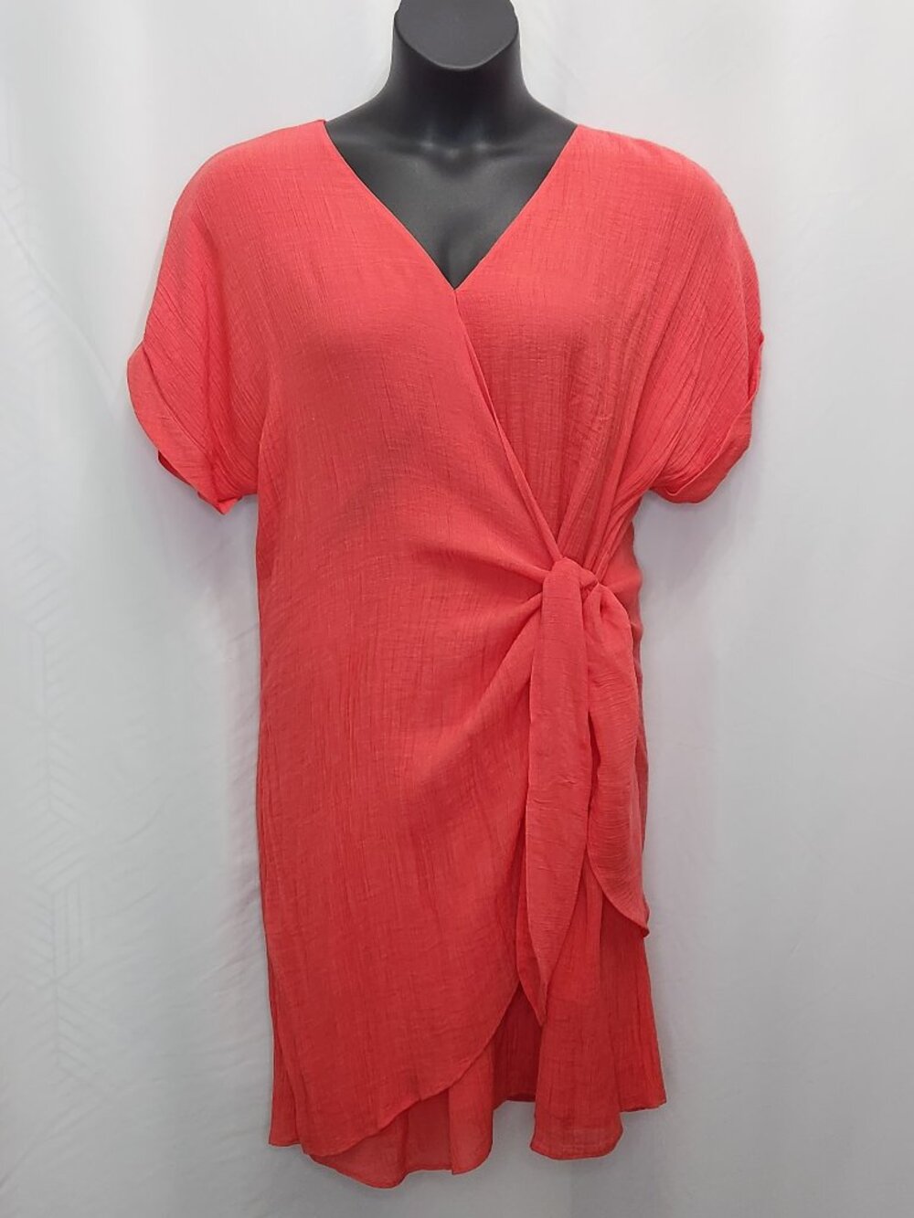 Morgan Taylor Crinkle Faux Wrap Dress Womens XL Orange V Neck Casual Work D01